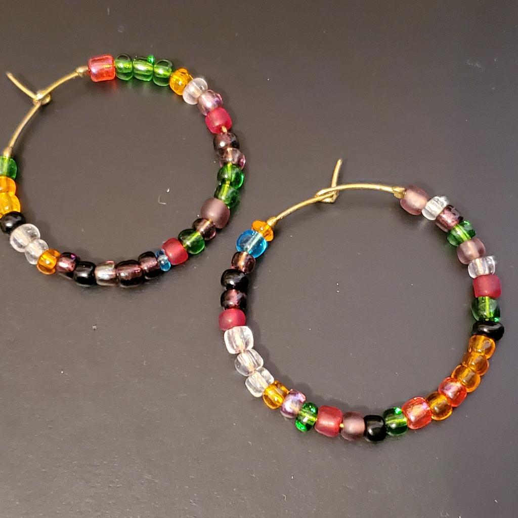 Rainbow Beaded Hoop Earrings 11$